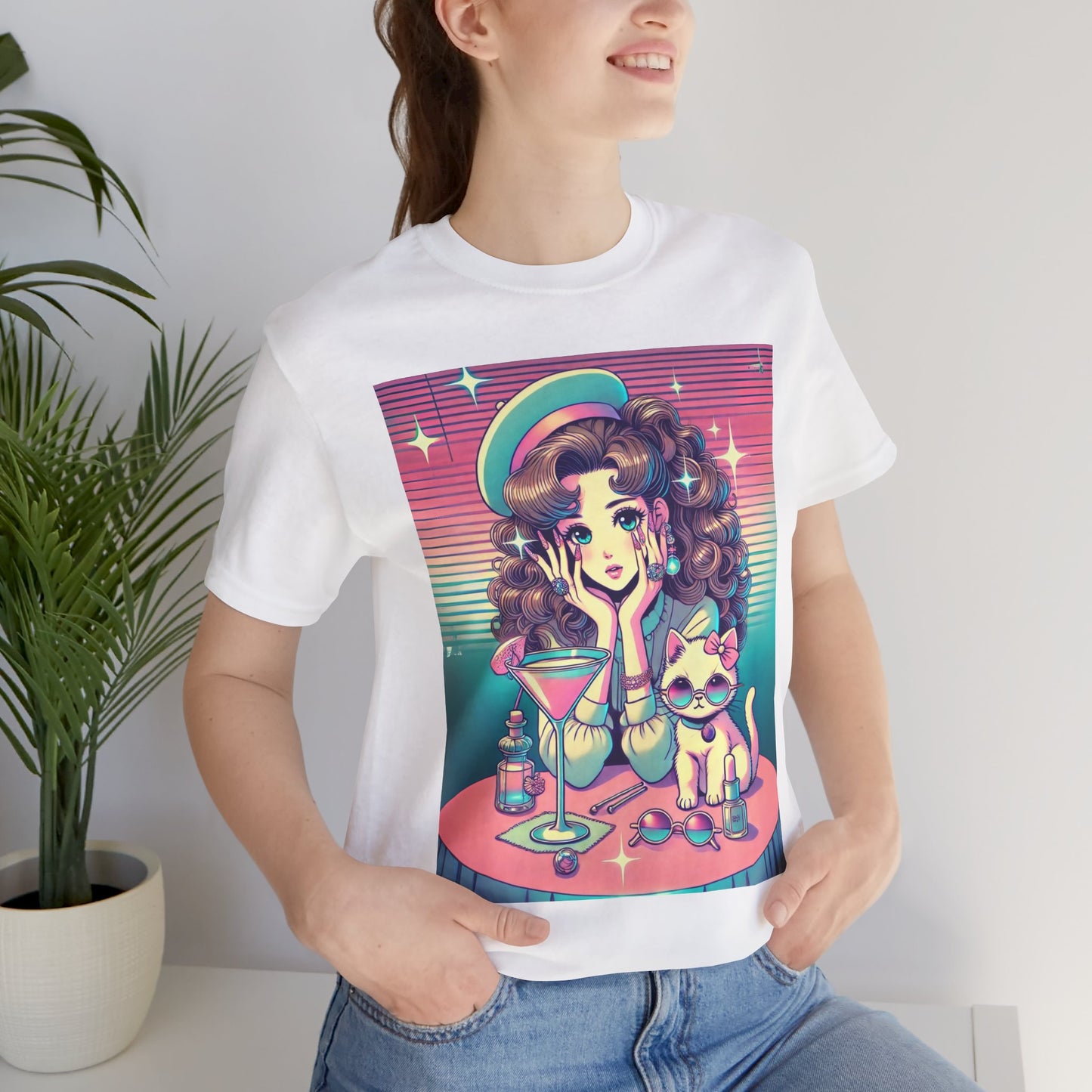 Retro Girl and Cat Graphic Tee Vaporwave Pastel Aesthetic Cocktail Lounge 80s Inspired Shoujo Style T Shirt Gift for Daughter or Dad
