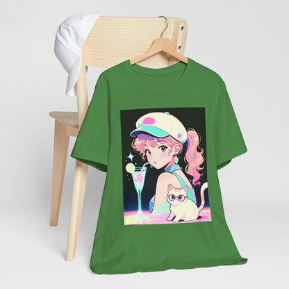 Retro Girl and Cat T Shirt Vaporwave Pastel Anime Shoujo Graphic Tee Neon Cocktail Aesthetic Kawaii Gift for Daughter or Dad Casual Streetwear