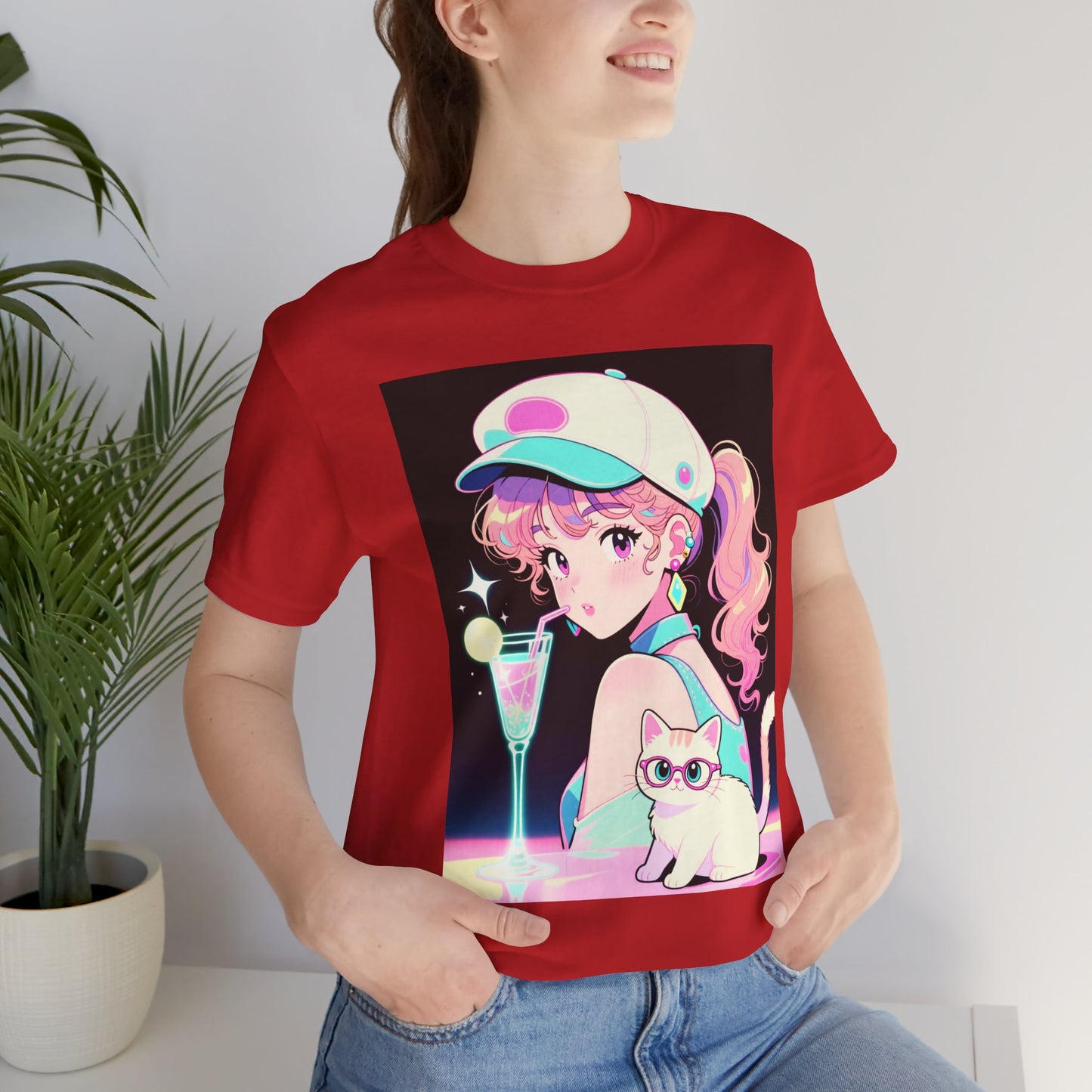 Retro Girl and Cat T Shirt Vaporwave Pastel Anime Shoujo Graphic Tee Neon Cocktail Aesthetic Kawaii Gift for Daughter or Dad Casual Streetwear