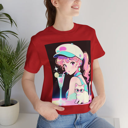 Retro Girl and Cat T Shirt Vaporwave Pastel Anime Shoujo Graphic Tee Neon Cocktail Aesthetic Kawaii Gift for Daughter or Dad Casual Streetwear