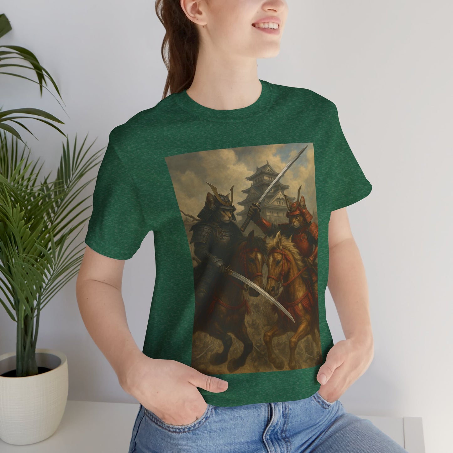 Epic Cat Samurai Battle Tee - War Horses Clash in Front of Japanese Castle  Feline Warrior Art Shirt for Fantasy & Japan Lovers