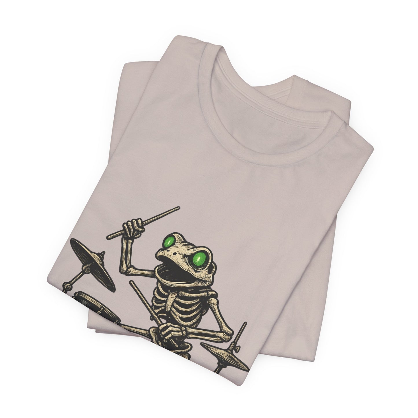 Skeleton Frog Drummer Shirt with Glowing Green Eyes Rock Band Art Tee for Musicians Frog Lovers Halloween and Concert Wear