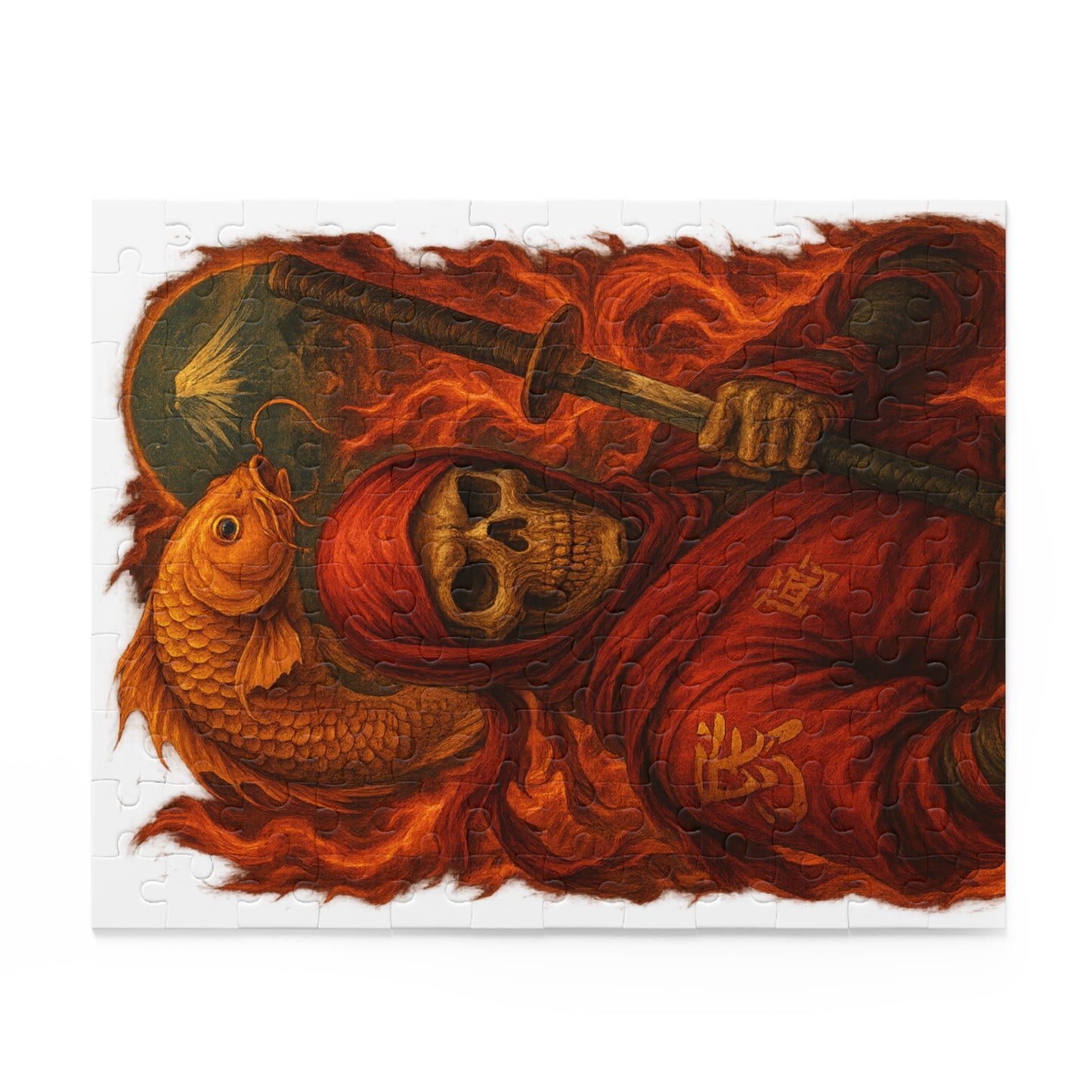 Dark Ninja Skull Puzzle-Gothic Japanese Horror Art, Golden Koi & Fire, High-Detail Mystery Warrior Jigsaw for Adults, Unique Gift Idea
