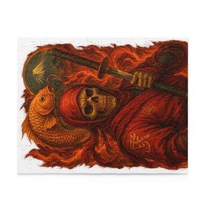 Dark Ninja Skull Puzzle-Gothic Japanese Horror Art, Golden Koi & Fire, High-Detail Mystery Warrior Jigsaw for Adults, Unique Gift Idea