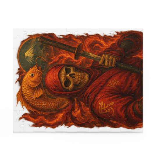 Dark Ninja Skull Puzzle-Gothic Japanese Horror Art, Golden Koi & Fire, High-Detail Mystery Warrior Jigsaw for Adults, Unique Gift Idea