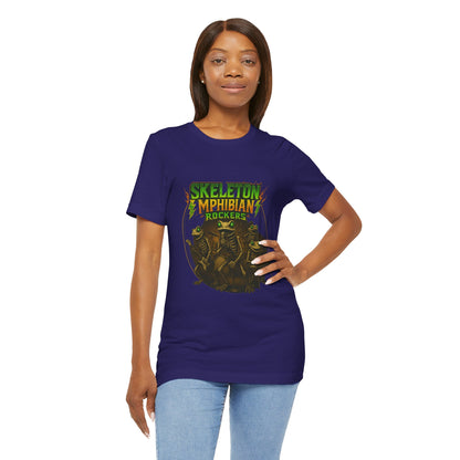 Skeleton Amphibian Rockers Album Cover Tee - Green Eyed Skeleton Frog Band Vocal Guitar Piano Drums Rock Art Shirt