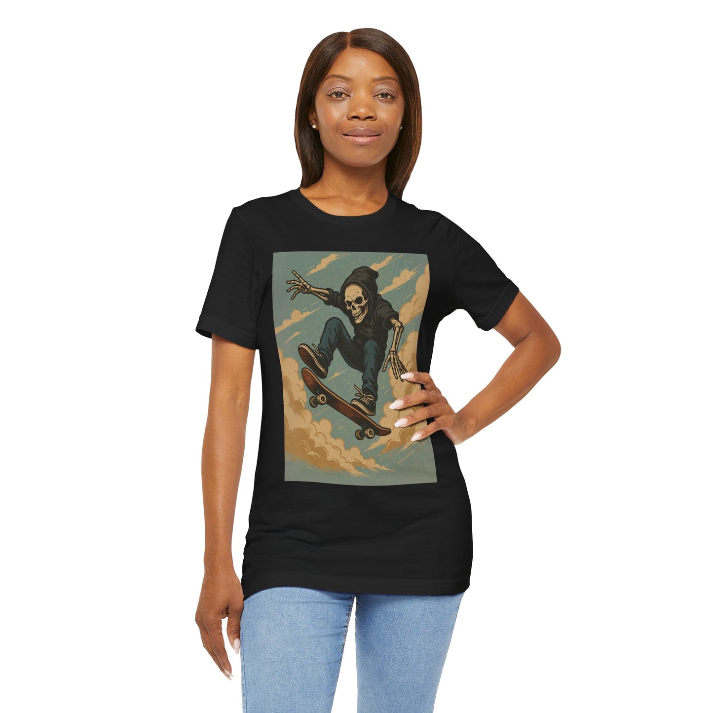 Skater Skeleton Hoodie Graphic Tee - Bold Comic Art Shirt for Men and Women - Colorful Streetwear T-Shirt for Skull and Skate Lovers