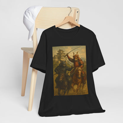 Epic Cat Samurai Battle Tee - War Horses Clash in Front of Japanese Castle  Feline Warrior Art Shirt for Fantasy & Japan Lovers