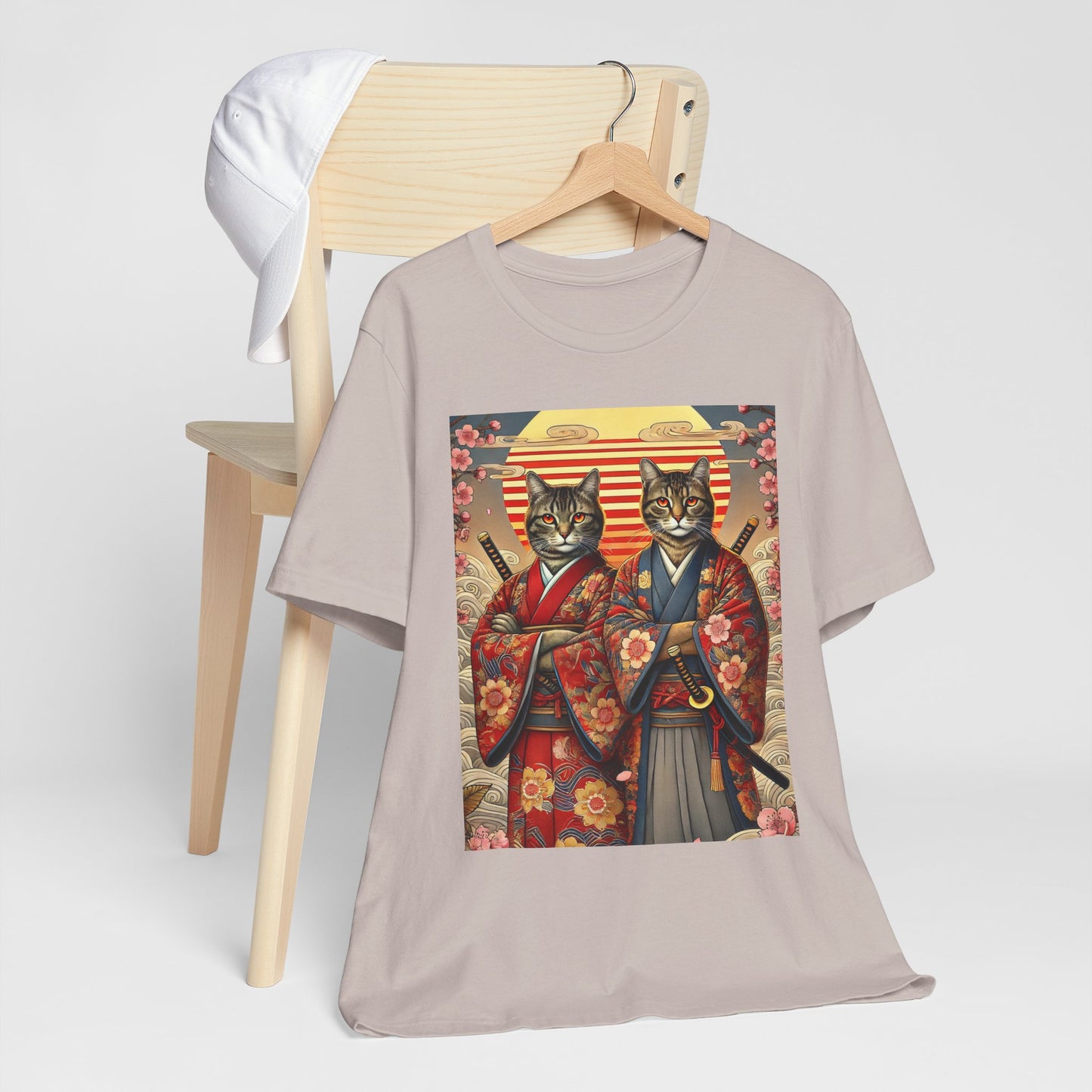 Samurai Cat T-Shirt - Floral Kimono Warrior with Katana | Japanese Ukiyo-e Style, Cherry Blossoms & Mount Fuji | Bold Cat Art Tee