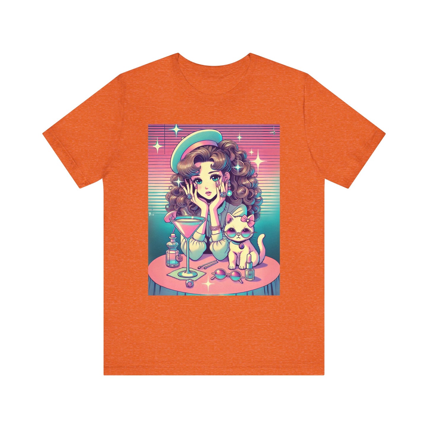 Retro Girl and Cat Graphic Tee Vaporwave Pastel Aesthetic Cocktail Lounge 80s Inspired Shoujo Style T Shirt Gift for Daughter or Dad