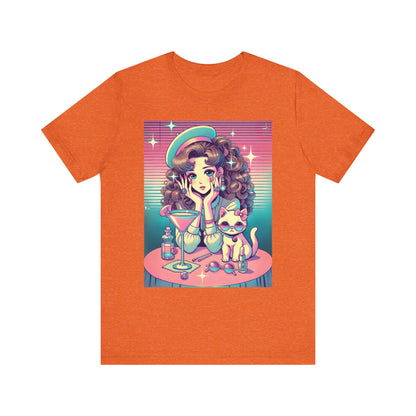 Retro Girl and Cat Graphic Tee Vaporwave Pastel Aesthetic Cocktail Lounge 80s Inspired Shoujo Style T Shirt Gift for Daughter or Dad