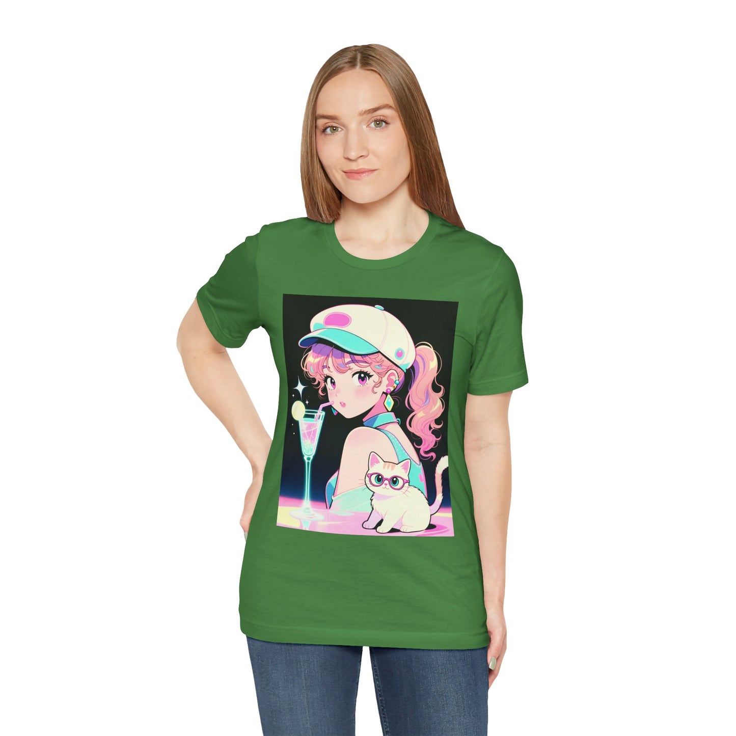 Retro Girl and Cat T Shirt Vaporwave Pastel Anime Shoujo Graphic Tee Neon Cocktail Aesthetic Kawaii Gift for Daughter or Dad Casual Streetwear
