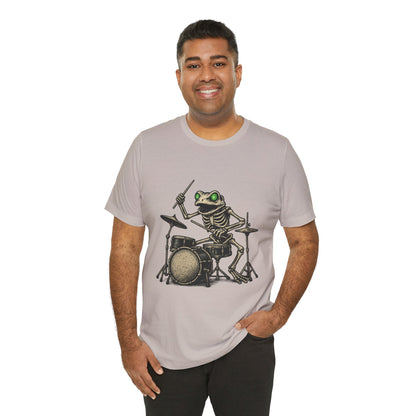 Skeleton Frog Drummer Shirt with Glowing Green Eyes Rock Band Art Tee for Musicians Frog Lovers Halloween and Concert Wear