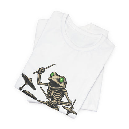 Skeleton Frog Drummer Shirt with Glowing Green Eyes Rock Band Art Tee for Musicians Frog Lovers Halloween and Concert Wear