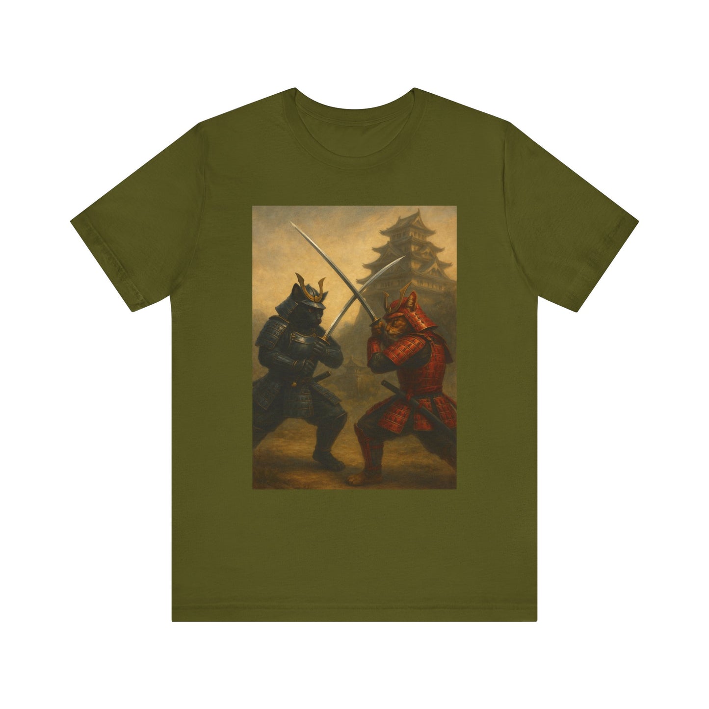 Epic Cat Samurai Battle Tee - War Horses Clash in Front of Japanese Castle  Feline Warrior Art Shirt for Fantasy & Japan Lovers