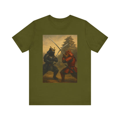 Epic Cat Samurai Battle Tee - War Horses Clash in Front of Japanese Castle  Feline Warrior Art Shirt for Fantasy & Japan Lovers