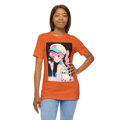 Retro Girl and Cat T Shirt Vaporwave Pastel Anime Shoujo Graphic Tee Neon Cocktail Aesthetic Kawaii Gift for Daughter or Dad Casual Streetwear