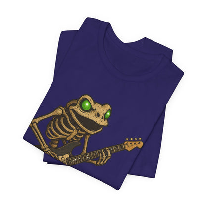 Skeleton Frog Shredding Electric Guitar Tee - Glowing Green Eyes Rock Art Shirt for Musicians Frog Lovers and Gothic Punk Style