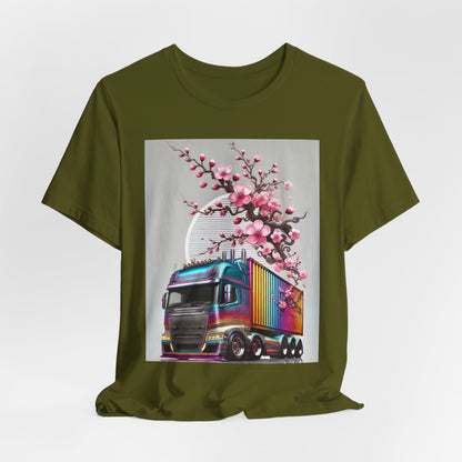 Cherry Blossom Convoy T-Shirt | Japanese Sakura x Modern Truck Art | Unique Graphic Tee for Drivers & Streetwear Lovers No.007
