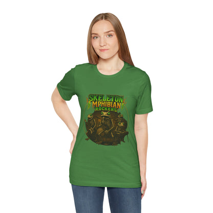 Skeleton Amphibian Rockers Album Cover Tee - Green Eyed Skeleton Frog Band Vocal Guitar Piano Drums Rock Art Shirt