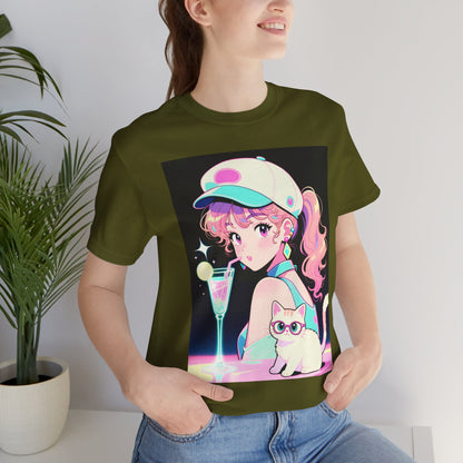 Retro Girl and Cat T Shirt Vaporwave Pastel Anime Shoujo Graphic Tee Neon Cocktail Aesthetic Kawaii Gift for Daughter or Dad Casual Streetwear