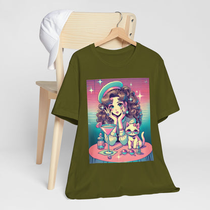 Retro Girl and Cat Graphic Tee Vaporwave Pastel Aesthetic Cocktail Lounge 80s Inspired Shoujo Style T Shirt Gift for Daughter or Dad