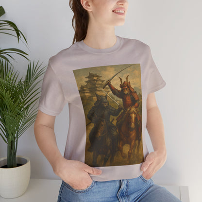 Epic Cat Samurai Battle Tee - War Horses Clash in Front of Japanese Castle  Feline Warrior Art Shirt for Fantasy & Japan Lovers