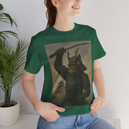 Cat Samurai Strike Tee | Epic Armored Feline Raising Katana | Japanese Warrior Art Unisex Shirt