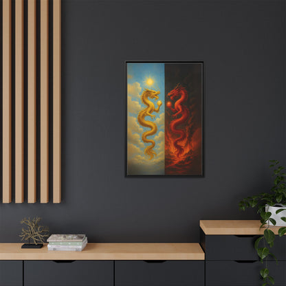 Heaven and Hell Twin Dragons Canvas Feng Shui Wall Art Gold and Red Dragon Pearls Sun and Fire Yin Yang Good Luck Decor Gift for Dad