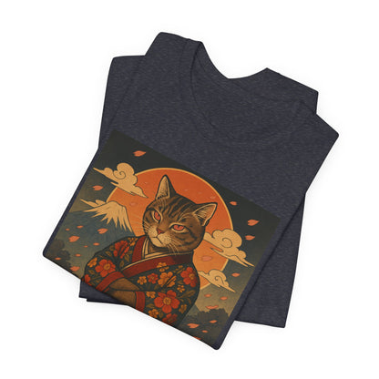 Samurai Cat T-Shirt - Floral Kimono Warrior with Katana | Japanese Ukiyo-e Style, Cherry Blossoms & Mount Fuji | Bold Cat Art Tee