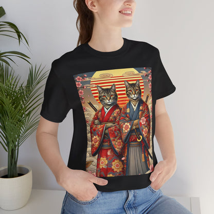 Samurai Cat T-Shirt - Floral Kimono Warrior with Katana | Japanese Ukiyo-e Style, Cherry Blossoms & Mount Fuji | Bold Cat Art Tee
