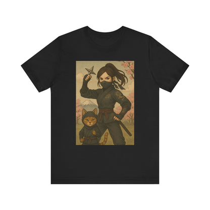 Ninja and Cat T-Shirt - Female Ninja in Black Outfit with Shuriken-Japanese Samurai Style, Mount Fuji, Cherry Blossoms-Cool Unisex Anime Tee