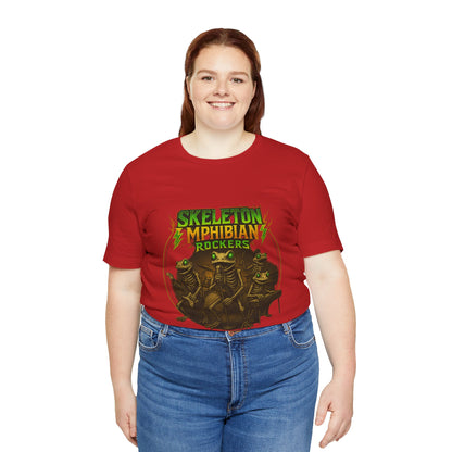 Skeleton Amphibian Rockers Album Cover Tee - Green Eyed Skeleton Frog Band Vocal Guitar Piano Drums Rock Art Shirt