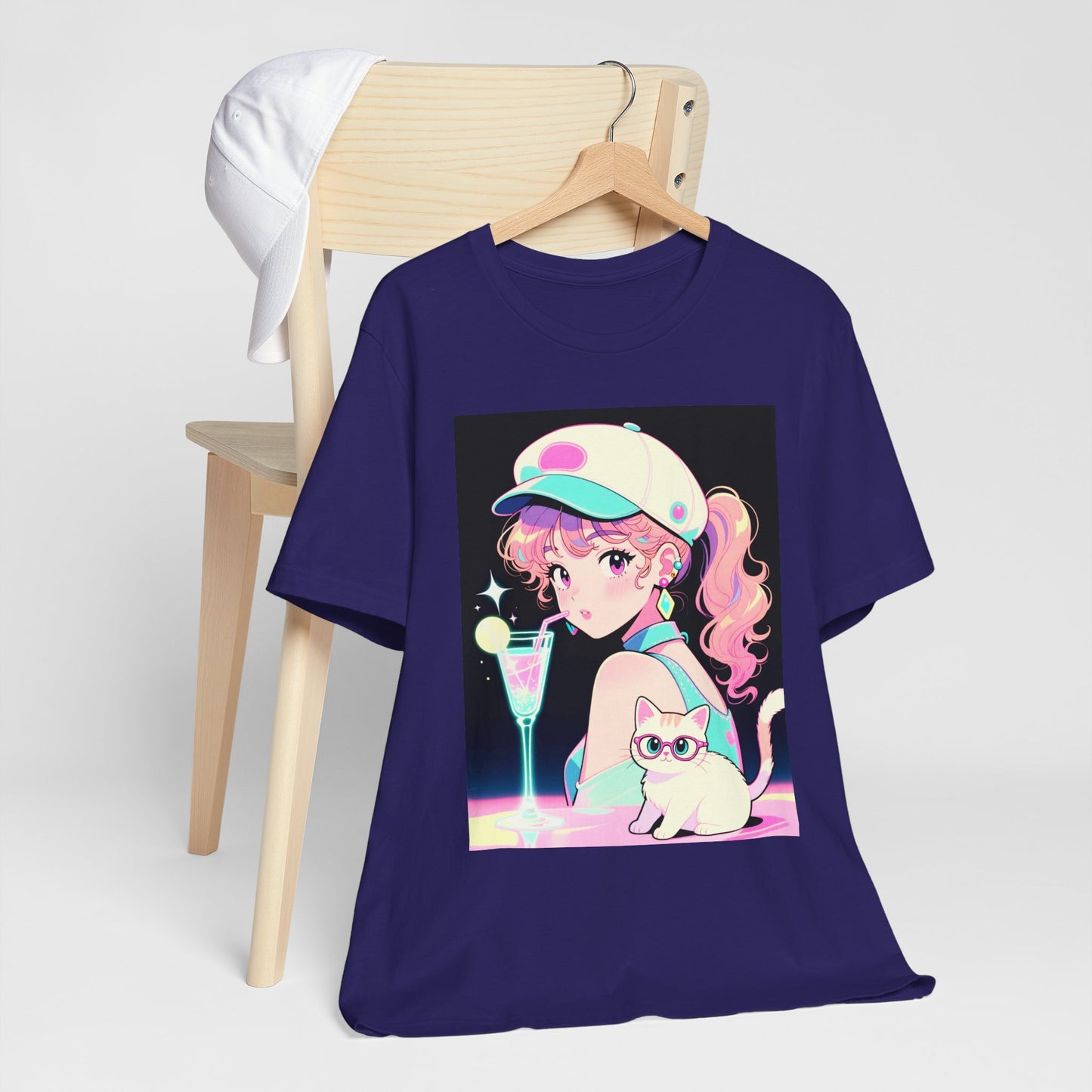 Retro Girl and Cat T Shirt Vaporwave Pastel Anime Shoujo Graphic Tee Neon Cocktail Aesthetic Kawaii Gift for Daughter or Dad Casual Streetwear