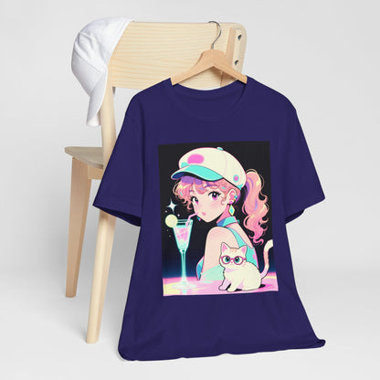 Retro Girl and Cat T Shirt Vaporwave Pastel Anime Shoujo Graphic Tee Neon Cocktail Aesthetic Kawaii Gift for Daughter or Dad Casual Streetwear