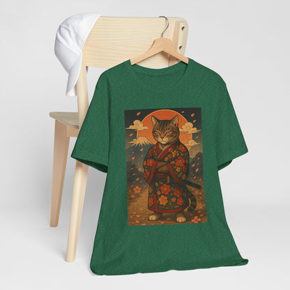 Samurai Cat T-Shirt - Floral Kimono Warrior with Katana | Japanese Ukiyo-e Style, Cherry Blossoms & Mount Fuji | Bold Cat Art Tee